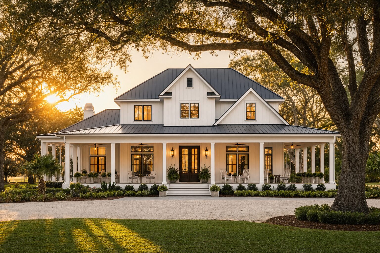 Farmhouse-style residence in Homestead framed by oak trees