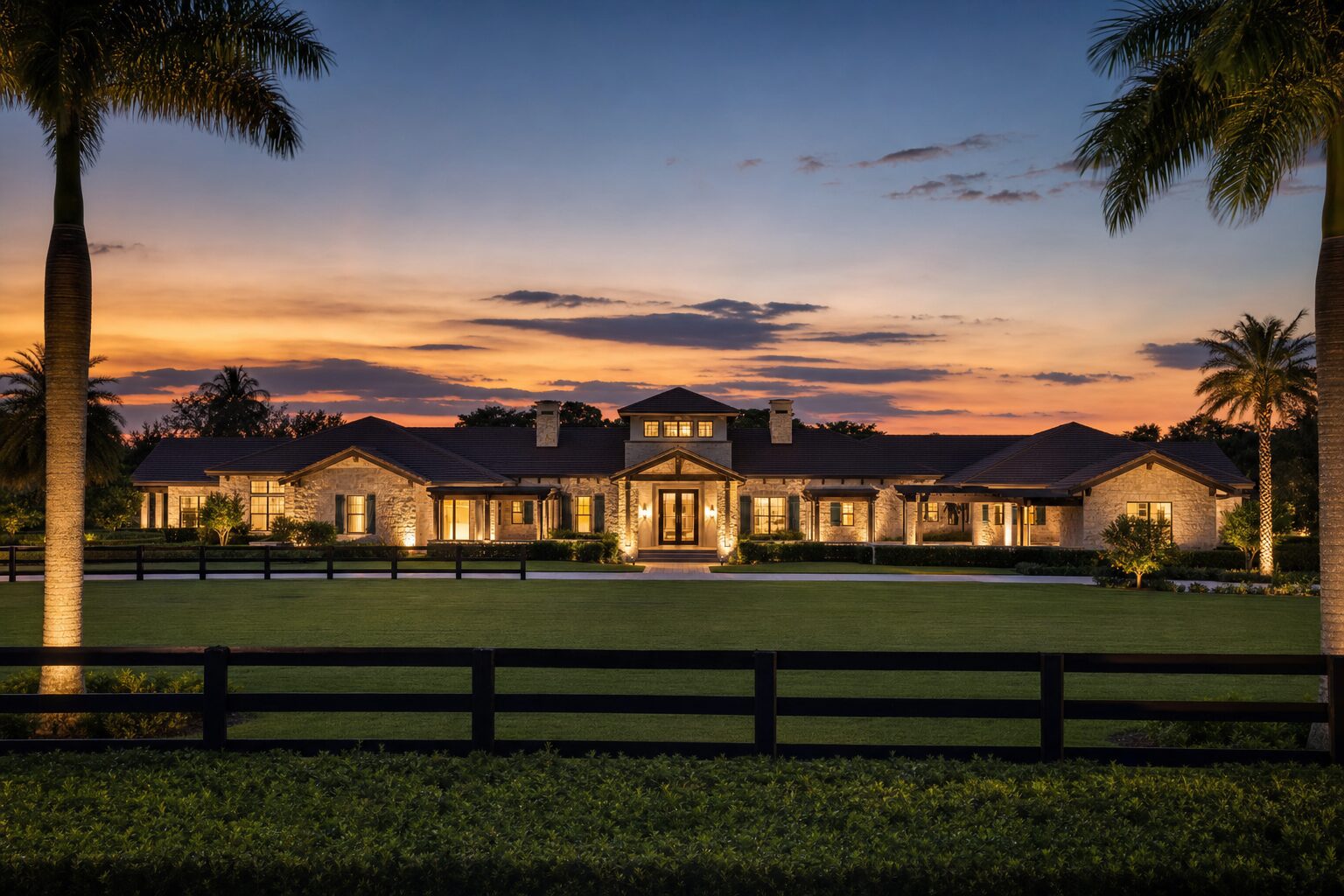 Ranch estate in Southwest Ranches at sunset with equestrian fencing